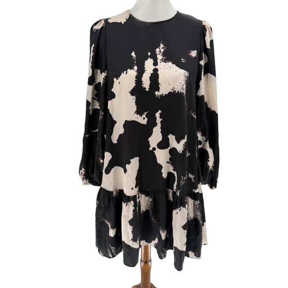 Alexis Black & Cream Abstract Print Tiered Long Sleeve Dress M - Picture 1 of 9